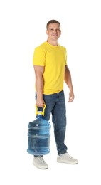Photo of Smiling delivery man with cooler bottle of water on white background