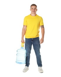 Photo of Smiling delivery man with cooler bottle of water on white background