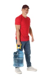 Photo of Smiling delivery man with cooler bottle of water on white background