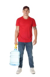 Photo of Smiling delivery man with cooler bottle of water on white background