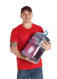 Photo of Smiling delivery man with cooler bottle of water on white background
