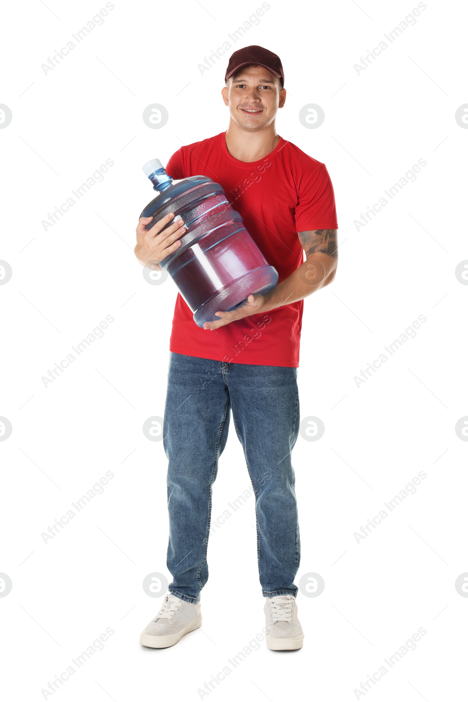 Photo of Smiling delivery man with cooler bottle of water on white background