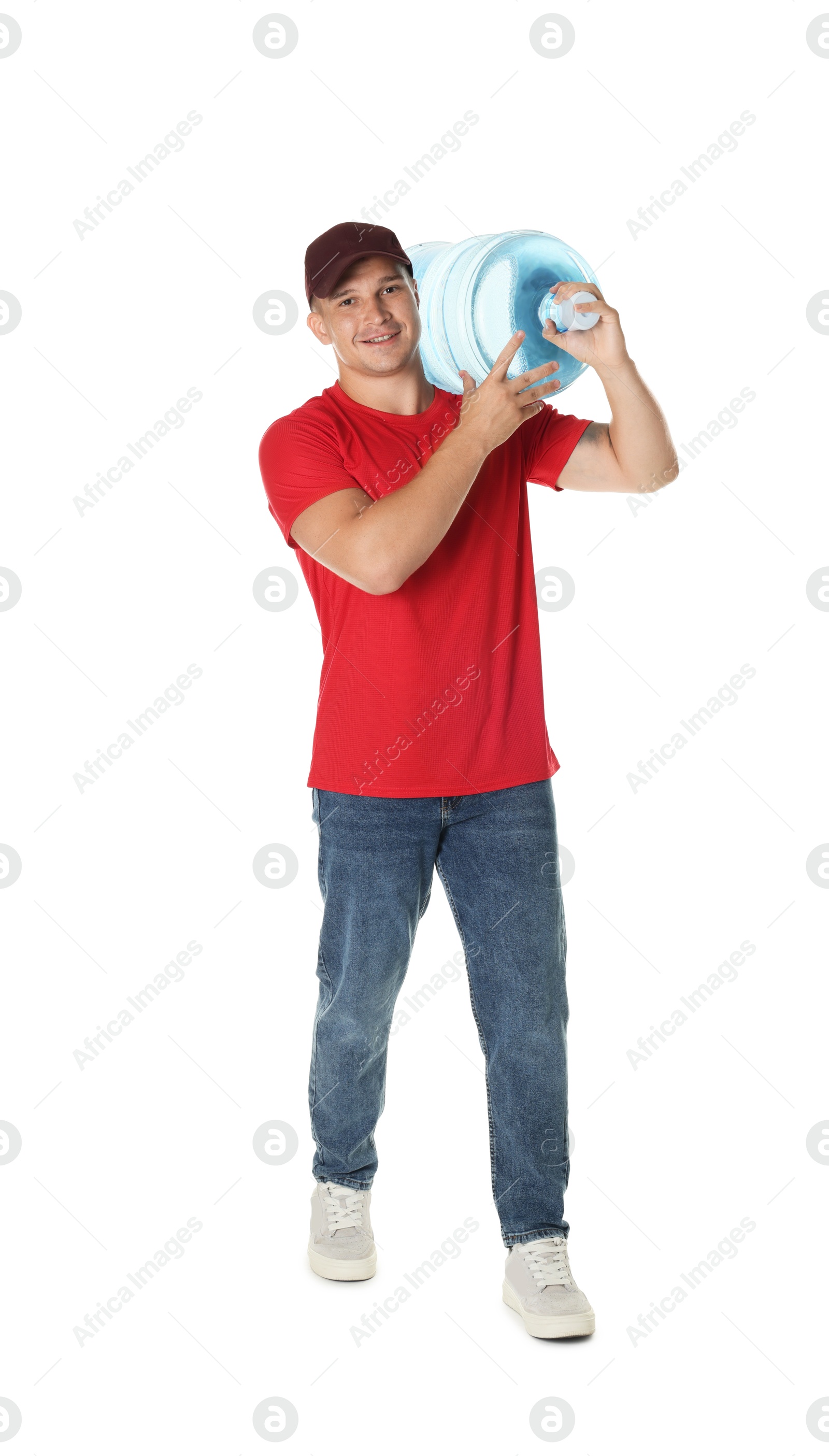 Photo of Smiling delivery man with cooler bottle of water on white background