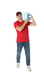 Photo of Smiling delivery man with cooler bottle of water on white background