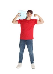 Photo of Smiling delivery man with cooler bottle of water showing his biceps on white background
