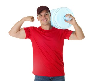 Photo of Smiling delivery man with cooler bottle of water showing his biceps on white background