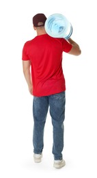 Photo of Delivery man with cooler bottle of water on white background, back view