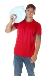 Photo of Delivery man with cooler bottle of water on white background