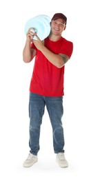 Photo of Smiling delivery man with cooler bottle of water on white background