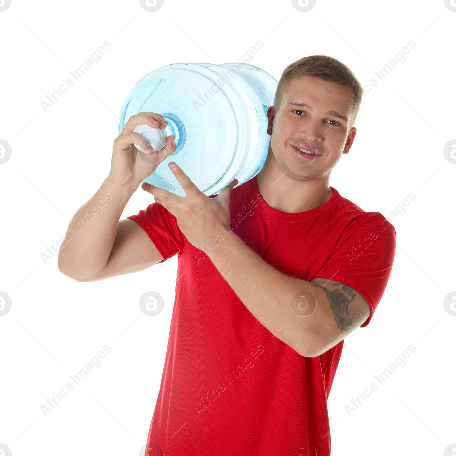 Photo of Smiling delivery man with cooler bottle of water on white background