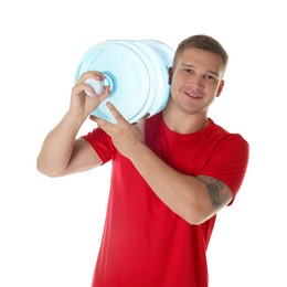 Photo of Smiling delivery man with cooler bottle of water on white background