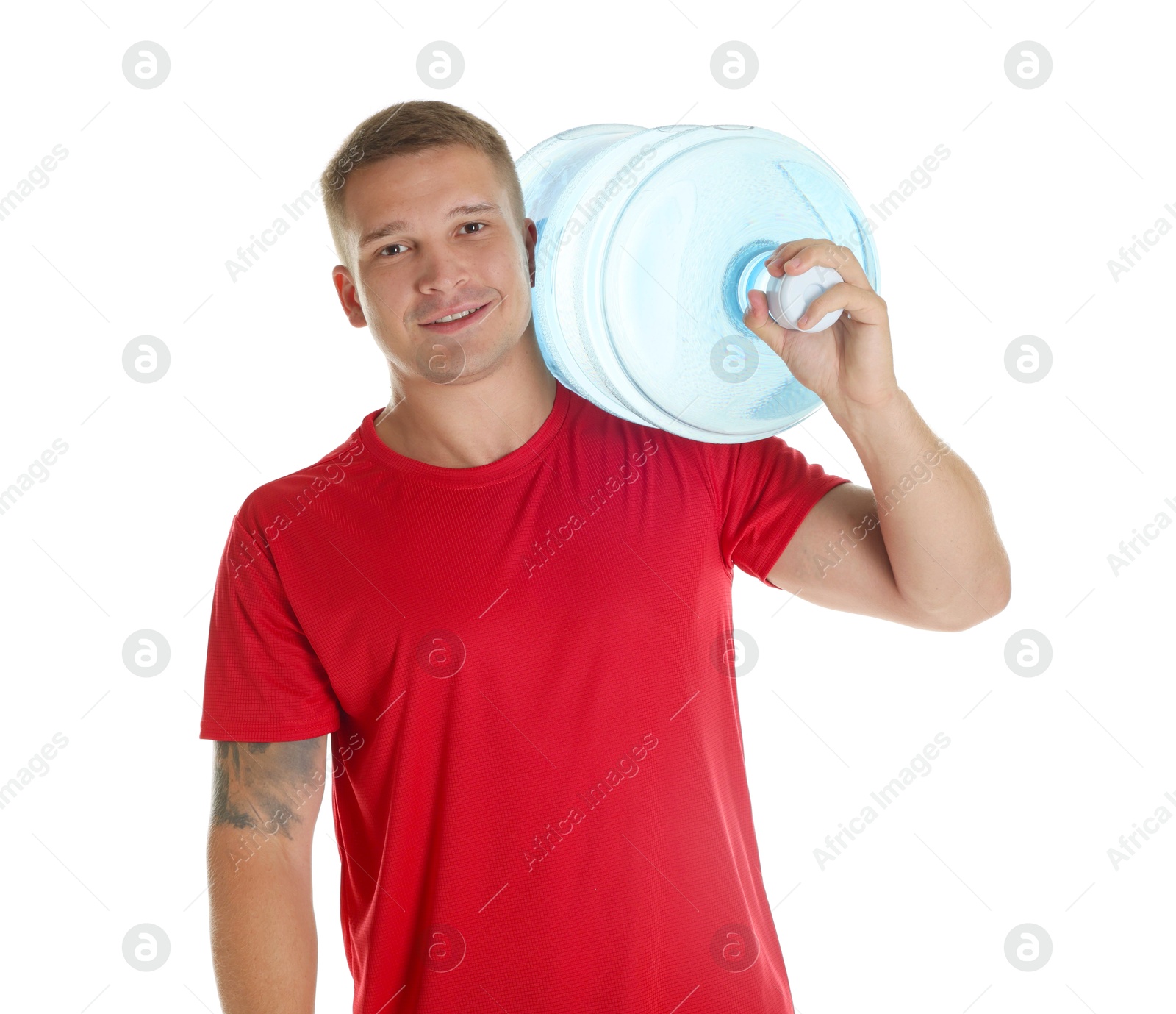 Photo of Smiling delivery man with cooler bottle of water on white background