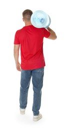 Photo of Delivery man with cooler bottle of water on white background, back view