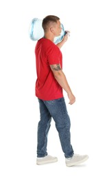 Photo of Delivery man with cooler bottle of water on white background