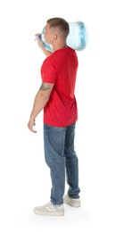 Photo of Delivery man with cooler bottle of water on white background
