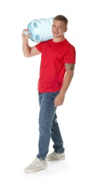 Photo of Smiling delivery man with cooler bottle of water on white background