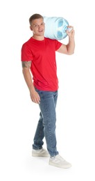 Photo of Delivery man with cooler bottle of water on white background