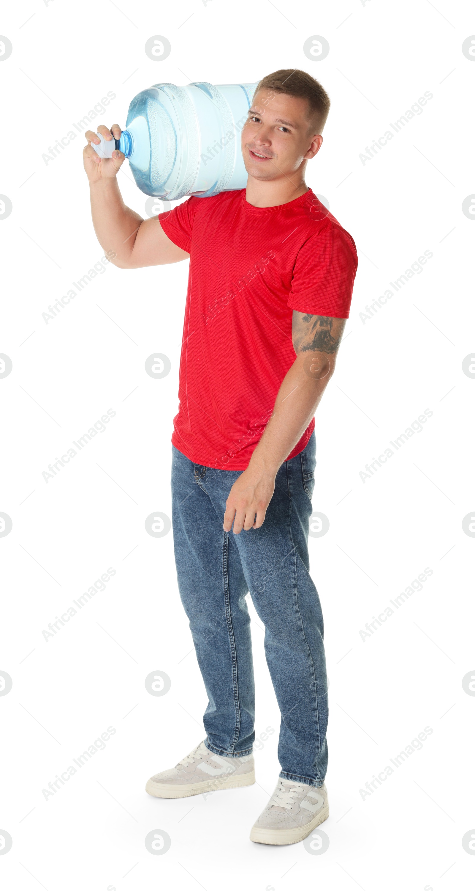 Photo of Smiling delivery man with cooler bottle of water on white background