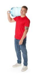 Photo of Smiling delivery man with cooler bottle of water on white background