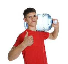 Photo of Delivery man with cooler bottle of water showing thumbs up on white background