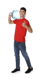 Photo of Delivery man with cooler bottle of water showing thumbs up on white background