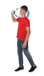 Photo of Delivery man with cooler bottle of water on white background