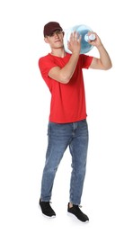 Photo of Delivery man with cooler bottle of water on white background
