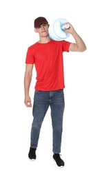 Photo of Delivery man with cooler bottle of water on white background