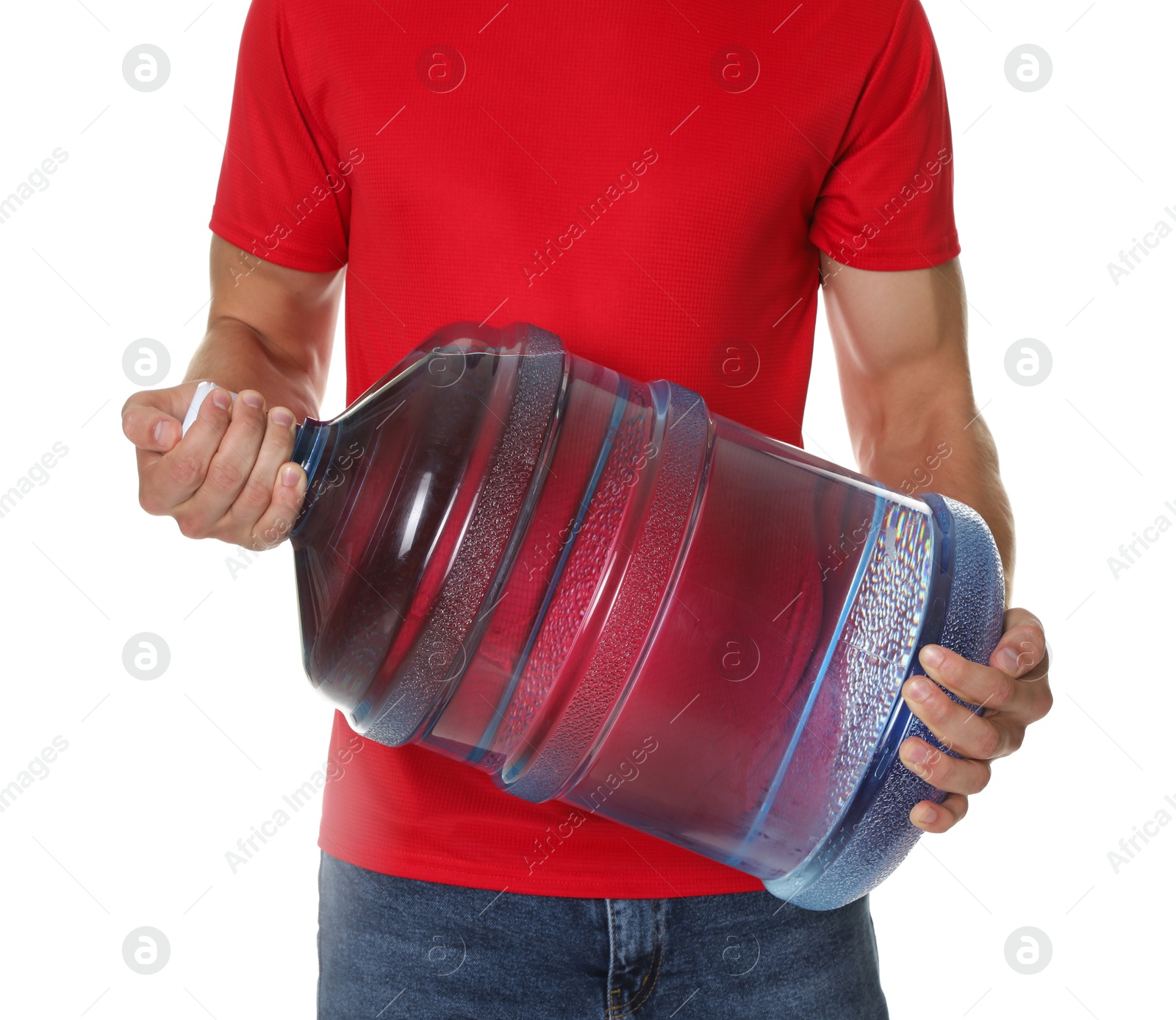 Photo of Delivery man with cooler bottle of water white background, closeup