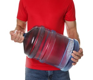 Photo of Delivery man with cooler bottle of water white background, closeup