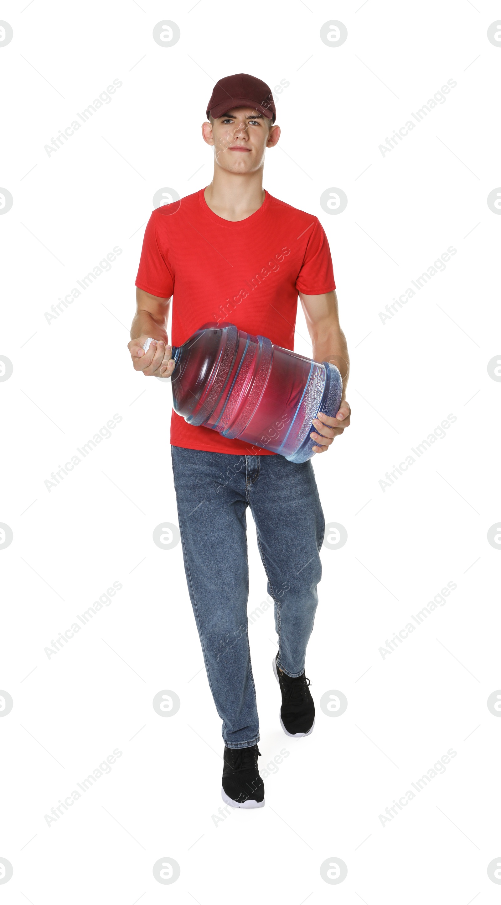 Photo of Delivery man with cooler bottle of water on white background