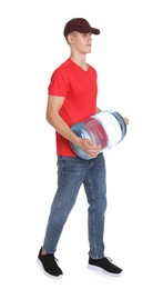 Photo of Delivery man with cooler bottle of water on white background