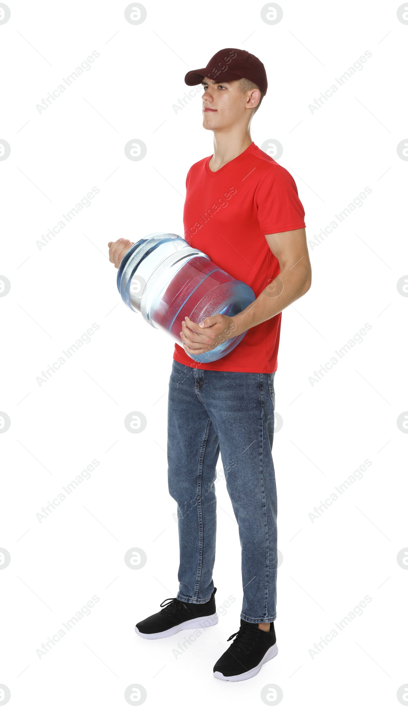 Photo of Delivery man with cooler bottle of water on white background