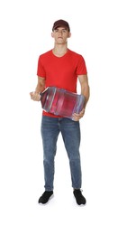 Photo of Delivery man with cooler bottle of water on white background