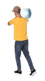 Photo of Delivery man with cooler bottle of water on white background, back view