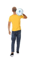 Photo of Delivery man with cooler bottle of water on white background, back view