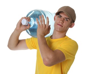 Photo of Delivery man with cooler bottle of water on white background