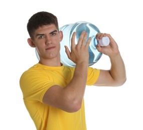 Photo of Delivery man with cooler bottle of water on white background