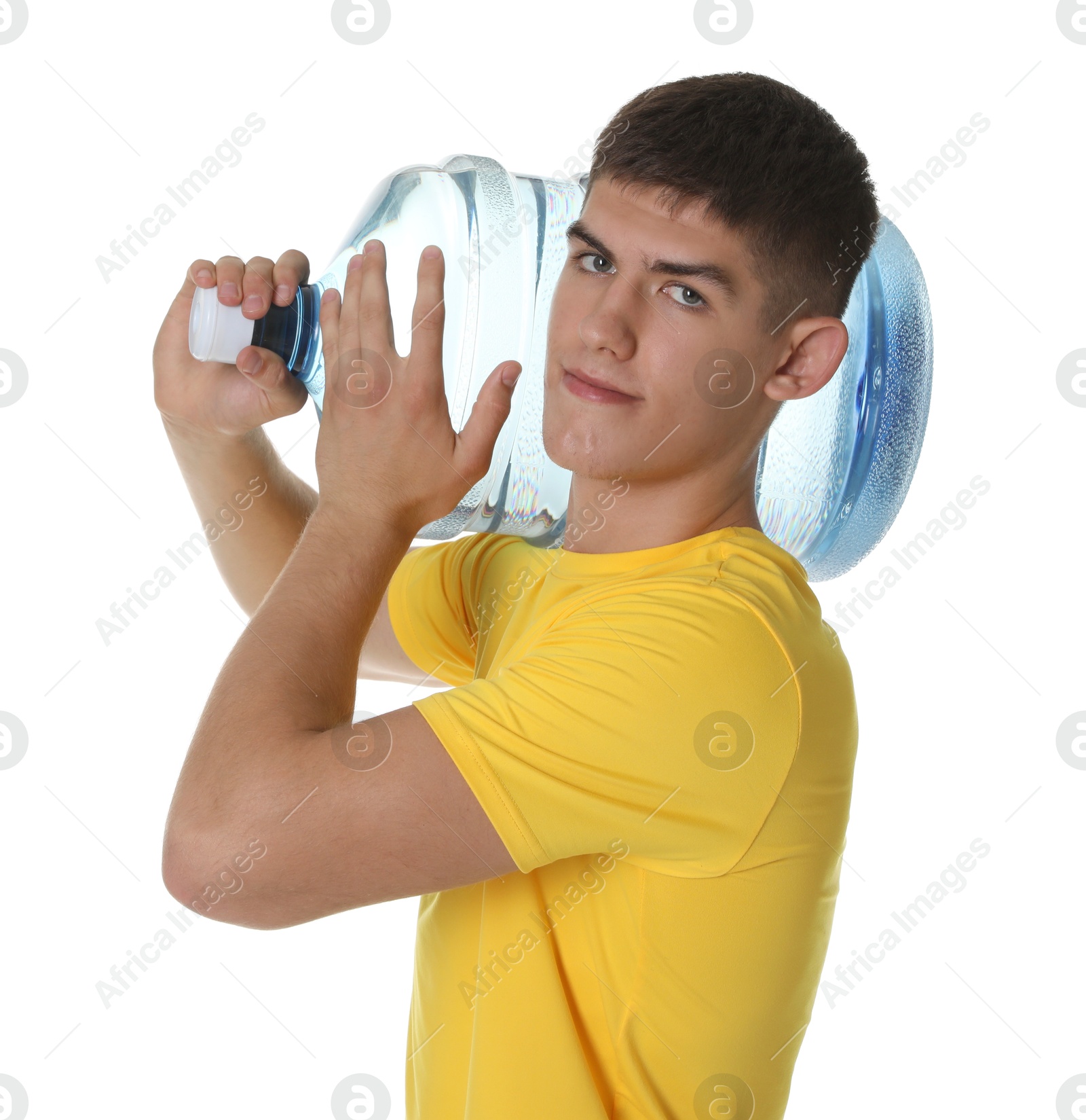 Photo of Delivery man with cooler bottle of water on white background