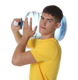 Photo of Delivery man with cooler bottle of water on white background