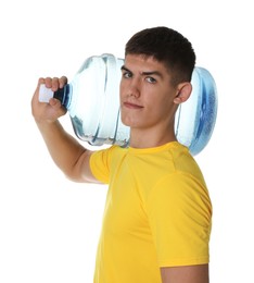 Photo of Delivery man with cooler bottle of water on white background