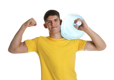 Photo of Delivery man with cooler bottle of water showing his biceps on white background