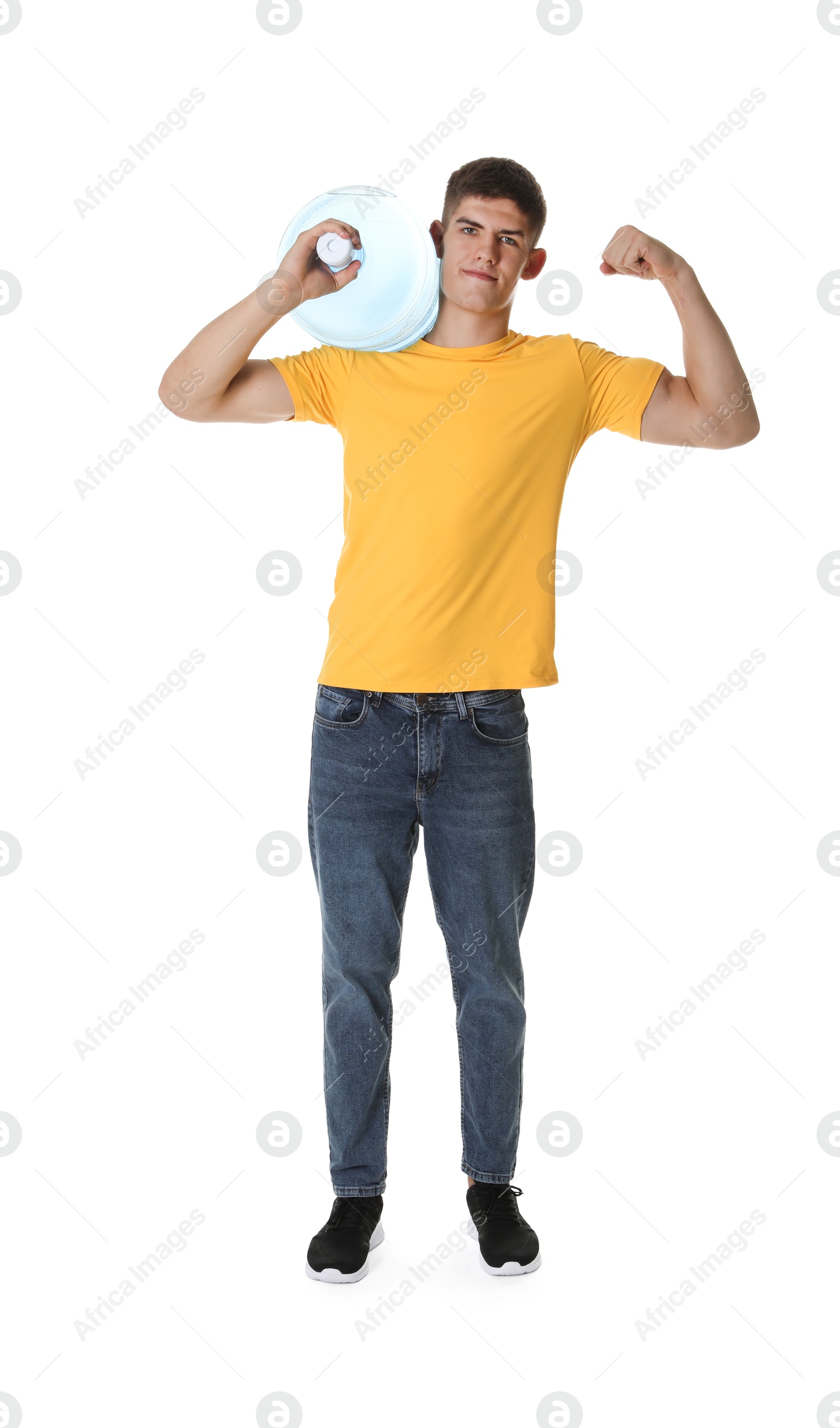 Photo of Delivery man with cooler bottle of water showing his biceps on white background