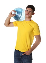Photo of Delivery man with cooler bottle of water on white background