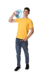 Photo of Delivery man with cooler bottle of water on white background