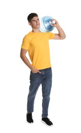 Photo of Delivery man with cooler bottle of water on white background