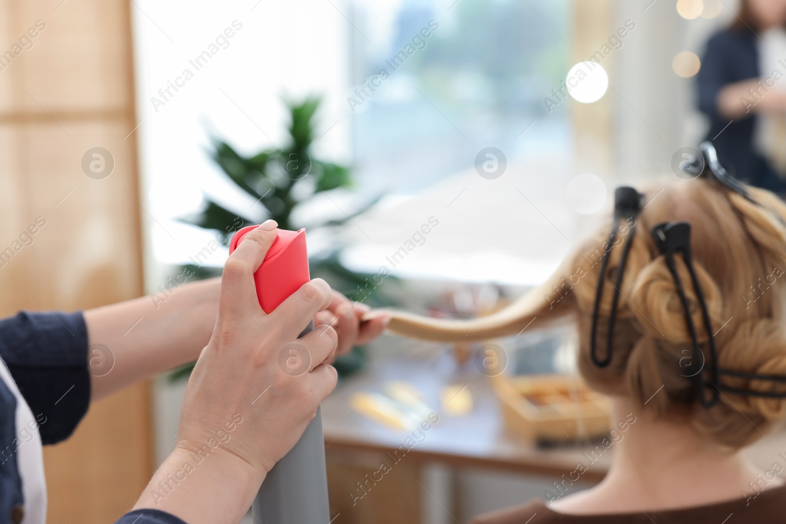Professional hairstylist working with client in salon, closeup Photo of Professional hairstylist working with client in salon, closeup