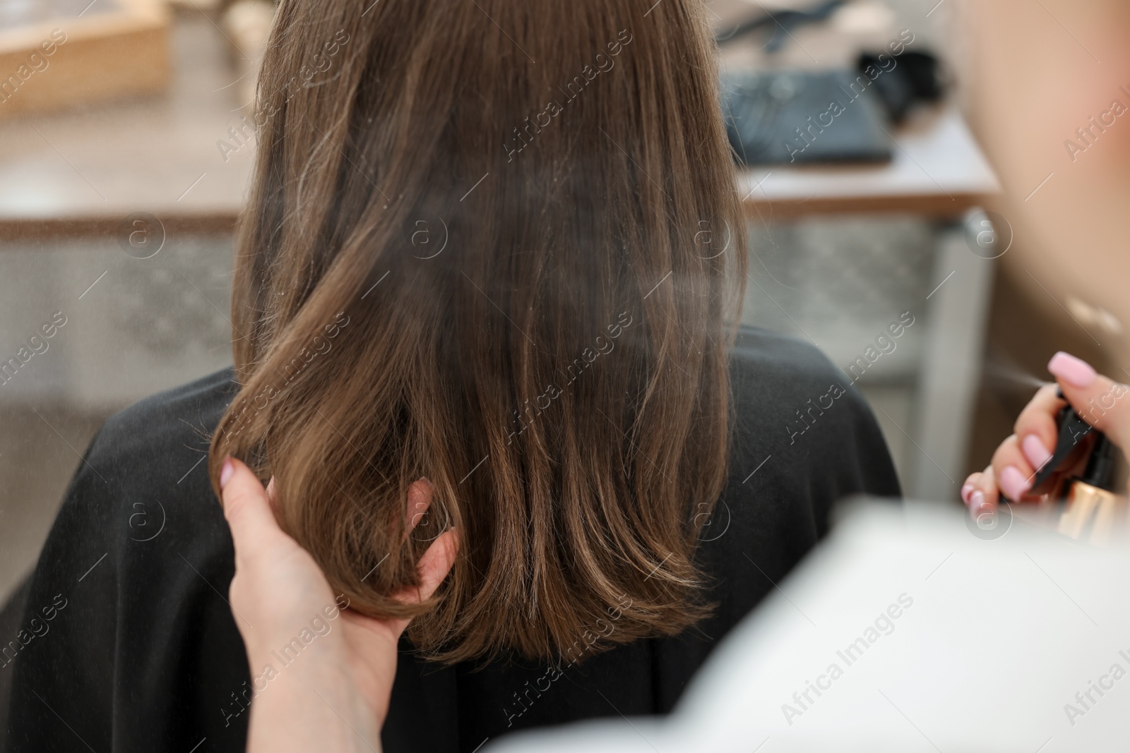 Professional hairstylist working with client in salon, closeup Photo of Professional hairstylist working with client in salon, closeup