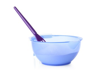 Photo of Care cosmetic product for blonde hair. Powder in bowl and spatula isolated on white