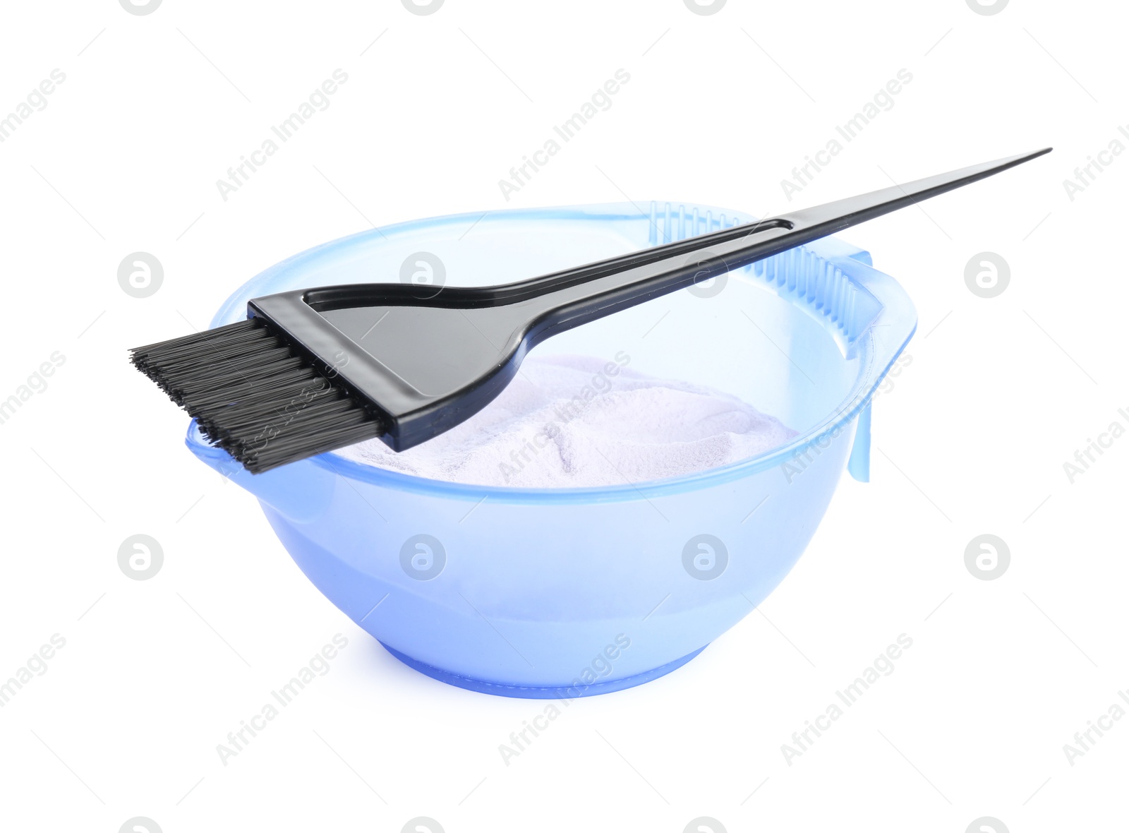 Care cosmetic product for blonde hair. Powder in bowl and brush isolated on white Photo of Care cosmetic product for blonde hair. Powder in bowl and brush isolated on white